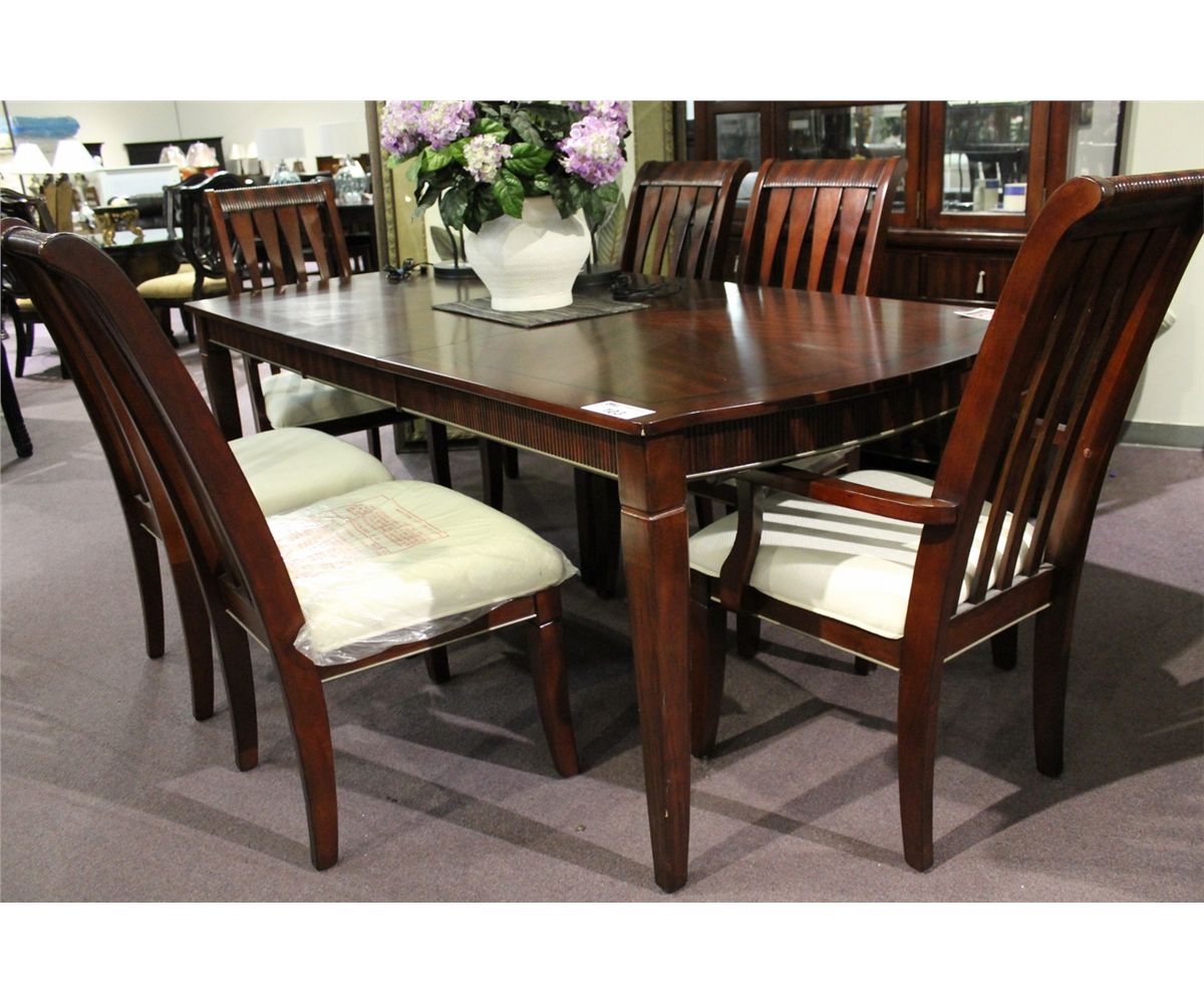 DARK WOOD INLAYED FORMAL DINING ROOM TABLE WITH LEAF & 6 CHAIRS