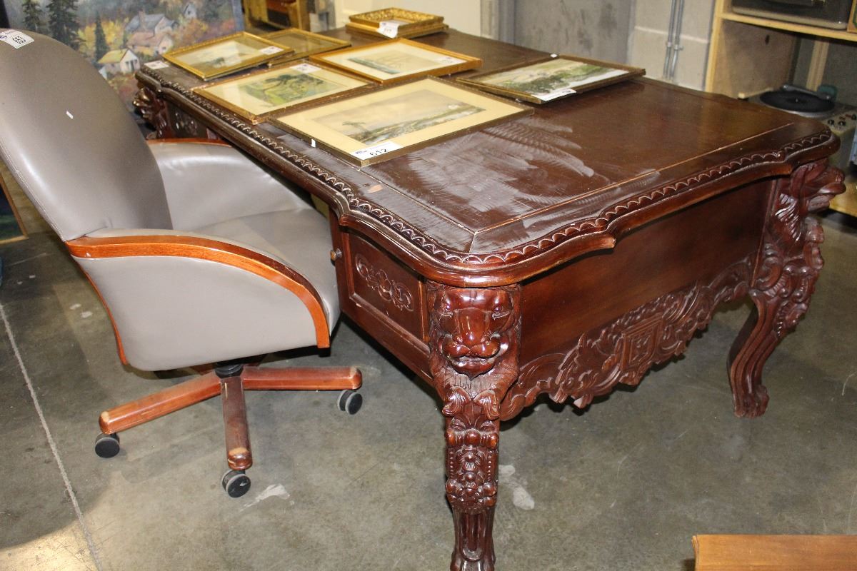 CARVED MAHOGANY DOUBLE PEDESTAL EXECUTIVE DESK - LION HEAD CARVED CARVED MAHOGANY DOUBLE PEDESTAL EXECUTIVE DESK - LION HEAD CARVED