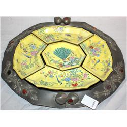 Chinese Pewter Center Bowl w/ Enamel Trays