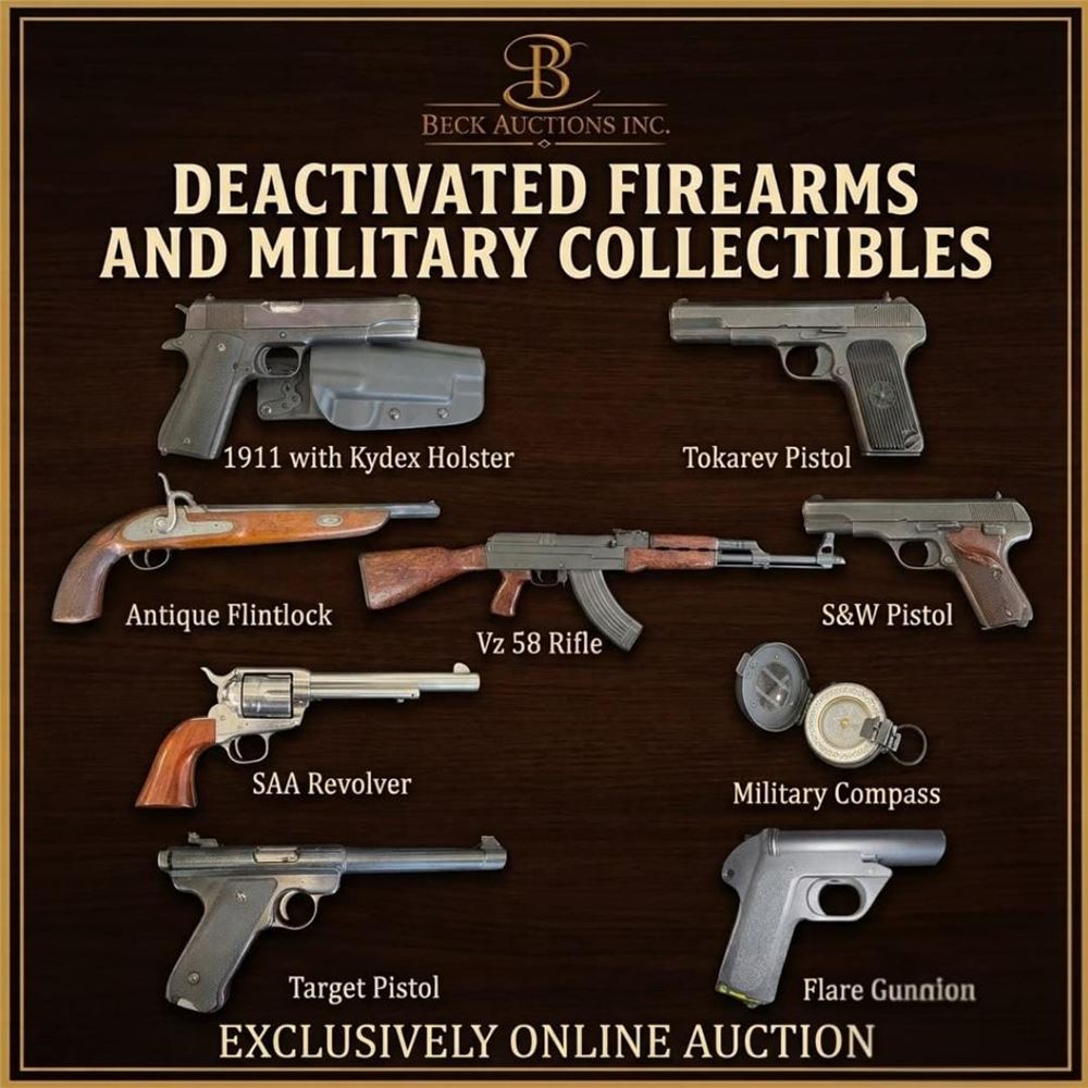 deactivated firearms and military collectibles, featuring rifles, pistols, revolvers, and a German f