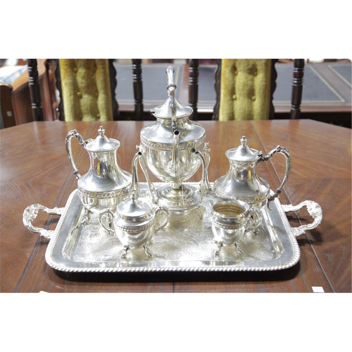 Six Piece Silver Plated Tea Set On Copper And Including Six Piece Silver Plated Tea Set On Copper And Including Water Pot With Burner 14 1 4 H Co