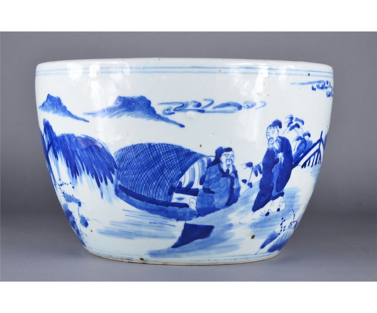 Chinese Kangxi Style Blue White Fish Bowl Chinese Kangxi Style Blue White Fish Bowl Loading Zoom