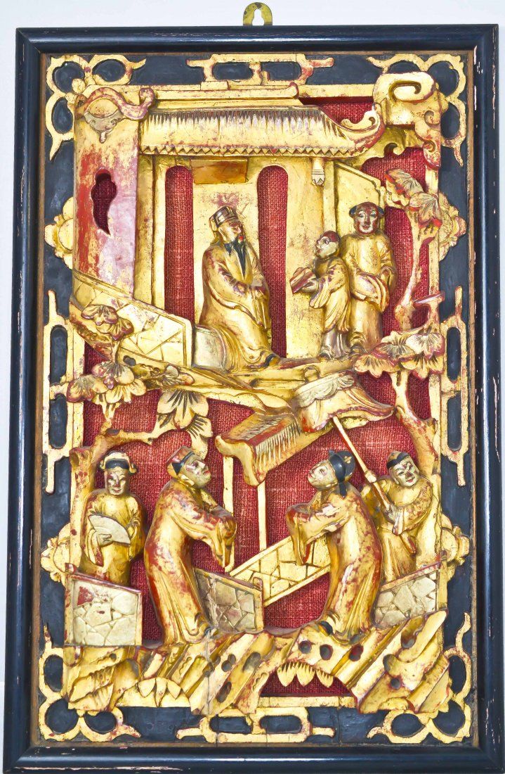 Antique Chinese Carved Gold Over Wood Panel Image 1 Antique Chinese Carved Gold Over Wood Panel