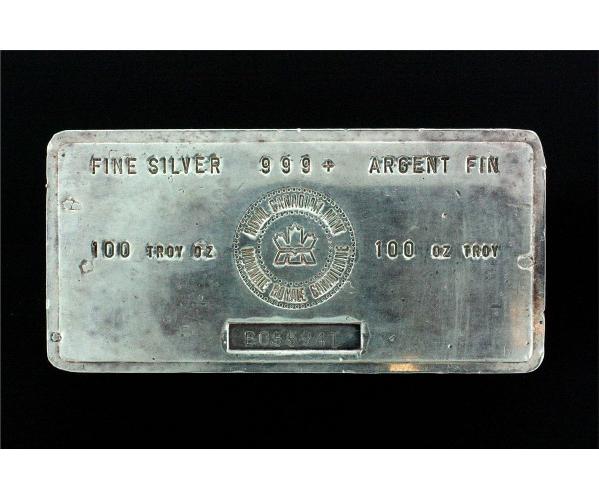 Bullion Bar One 1 100 Troy Ounce Royal Canadian Mint Fine Silver Image 1 Bullion Bar One 100 Troy Ounce Royal Canadian Mint