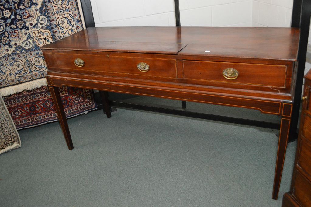 Antique Sheraton Flame Mahogany Desk With Single Drawer And A Flip Image 1 Antique Sheraton Flame Mahogany Desk With Single Drawer And A Flip Top Compartment