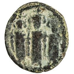 ARAB-BYZANTINE: Three Standing Figures, ca. 670-705, AE fals (3.44g), Baysan, ND. F