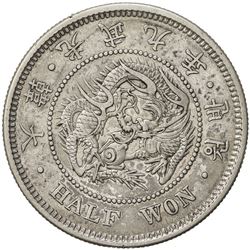 KOREA: Kwang Mu, 1897-1907, AR 1/2 won, year 9 (1905). EF
