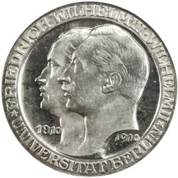 PRUSSIA: Wilhelm II, 1888-1918, AR 3 mark, 1910-A. NGC PF63