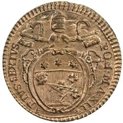 PAPAL STATES: Pius VI, 1775-1799, AE quattrino, year XII (1786-87). UNC