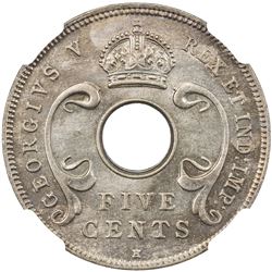 EAST AFRICA & UGANDA: George V, 1910-1936, copper-nickel 5 cents, 1913-H. NGC MS63