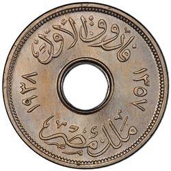 EGYPT: Farouk, 1938-1952, 1 millieme, 1938//AH1357. PCGS MS65