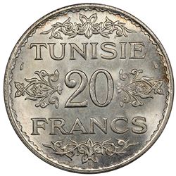 TUNISIA: Ahmad Pasha Bay, 1929-1942, AR 20 francs, AH1353. PCGS MS65