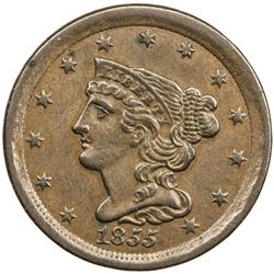 UNITED STATES: ½ cent (5.44g), 1855, EF, Coronet Head 1/2C, Braided Hair series