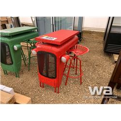 RED TRACTOR BISTRO TABLE & 2 SWIVEL STOOLS