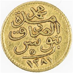 TUNIS: Muhammad al-Sadiq Bey, 1859-1882, AV 5 piastres (0.93g), Tunis, AH1281. VF