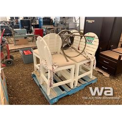 (4) WHITE CHAIRS & (1) METAL FRAME CHAIR