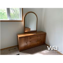 DRESSER WITH MIRROR, (2) MISMATCHED NIGHT STANDS