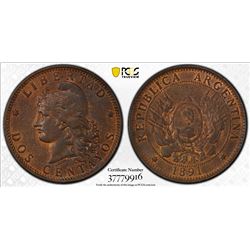 ARGENTINA: Republic, AE 2 centavos, 1891. PCGS MS64