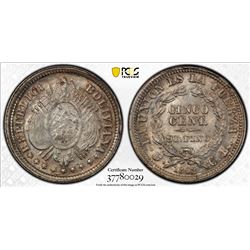 BOLIVIA: Republic, AR 5 centavos, 1893. PCGS MS65