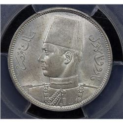 EGYPT: Farouk, 1936-1952, AR 5 qirsh, 1939/AH1358. PCGS MS64