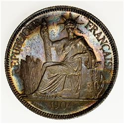 FRENCH INDOCHINA: AR piastre, 1904-A, KM-5a.1, nice rainbow toning, EF to AU.
