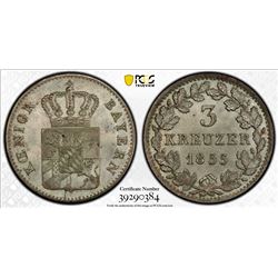 BAVARIA: Maximilian II, 1848-1864, AR 3 kreuzer, 1816. PCGS MS65