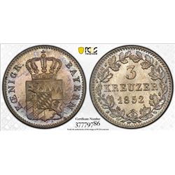 BAVARIA: Maximilian II, 1848-1864, AR 3 kreuzer, 1852. PCGS MS65