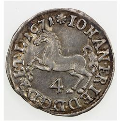 BRUNSWICK-LUNEBURG-CALENBERG: Johann Friedrich, 1665-1679, AR 4 mariengroschen, 1671. EF