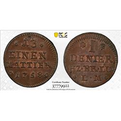 BRUNSWICK-WOLFENBUTTEL: Karl I, 1735-1780, AE denier, 1758. PCGS MS64