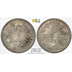 FRANKFURT: AR 3 kreuzer, 1866, KM-373, a superb example! PCGS graded MS66+.