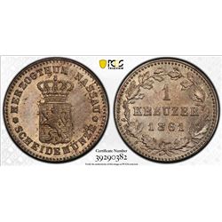 NASSAU: Adolph, 1839-1866, AR kreuzer, 1861. PCGS MS66