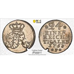 PRUSSIA: Friedrich II, 1740-1786, AR 1/24 thaler, Magdeburg, 1754-F. PCGS MS63