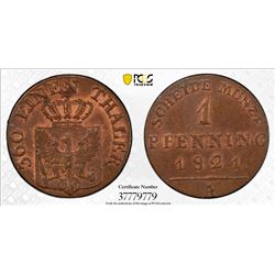 PRUSSIA: Friedrich Wilhelm III, 1797-1840, AE pfennig, 1821-A. PCGS MS63