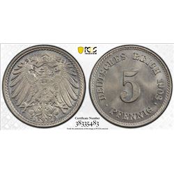 GERMANY: Kaiserreich, 5 pfennig, 1908-E. PCGS MS66