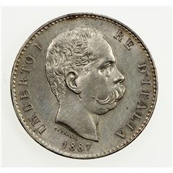 ITALY: Umberto I, 1878-1900, AR lira, 1887-M. UNC
