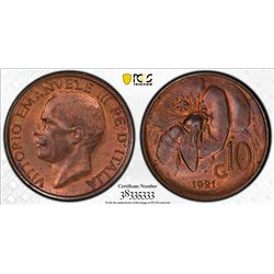 ITALY: Vittorio Emanuele III, 1900-1946, AE 10 centesimi, 1921. PCGS MS65