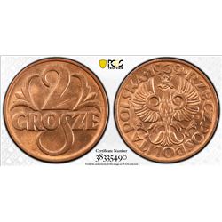 POLAND: Republic, AE 2 grosze, 1939, KM-9a, a lovely example! PCGS graded MS65 RD.