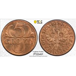 POLAND: Republic, AE 5 groszy, 1939, KM-10a, a lovely example! PCGS graded MS65 RD.