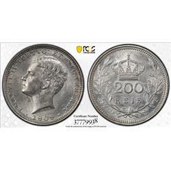 PORTUGAL: Manuel II, 1908-1910, AR 200 reis, 1909, KM-549, PCGS graded MS63.