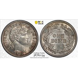 UNITED STATES: 10 cents, 1901, PCGS graded AU58, Barber type.