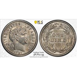 UNITED STATES: 10 cents, 1907, PCGS graded AU55, Barber type