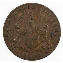 MADRAS PRESIDENCY: George III, 1760-1820, AE 20 cash, 1808. VF-EF