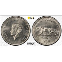 BRITISH INDIA: George VI, 1936-1947, 1/2 rupee, 1946(b). PCGS MS65
