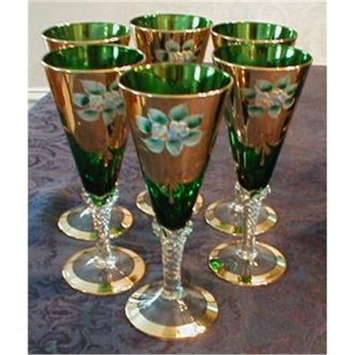 Murano Wine Gles 6 Green Gold Enameled 1307131