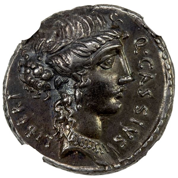 ROMAN REPUBLIC: Q. Cassius Longinus, AR denarius (3.99g), Rome, 55 BC, NGC graded About Unc