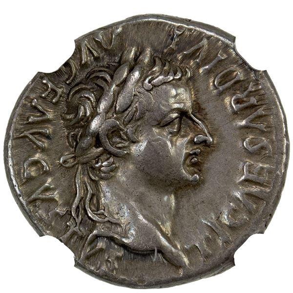 ROMAN EMPIRE: Tiberius, 14-37 AD, AR denarius (3.81g), Lugdunum (Lyon), NGC graded EF