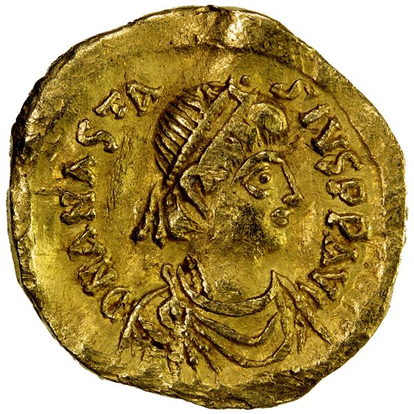 BYZANTINE EMPIRE: Anastasius I, 491-518, AV tremissis (1.41g), Constantinople, VF