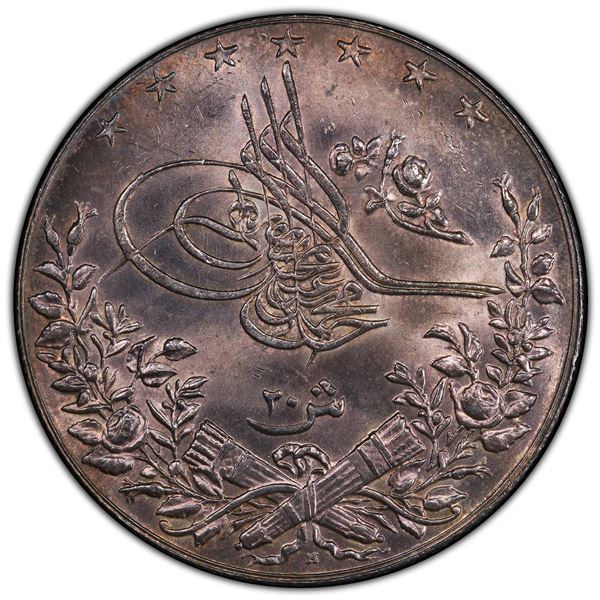 EGYPT: Mehmet V, 1908-1918, AR 20 qirsh, Misr, AH1327 year 2, PCGS graded Unc details