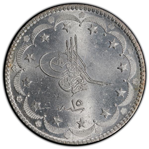 TURKEY: Abdul Aziz, 1861-1876, AR 20 kurush, Kostantiniye, AH1277 year 15, PCGS graded MS63