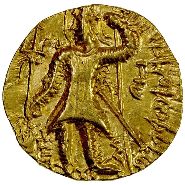 KUSHAN: Vasu Deva I, 190-230+, AV dinar (7.87g), VF